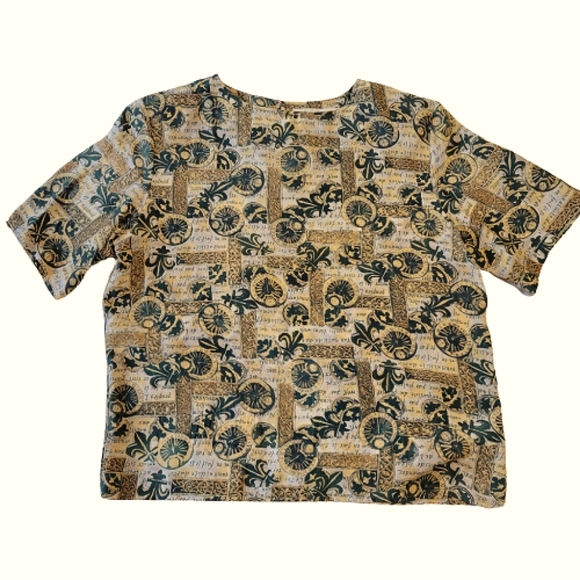 Annie Alexander vintage women's green fleur-de-lis 100% silk blouse size small - Picture 3 of 15